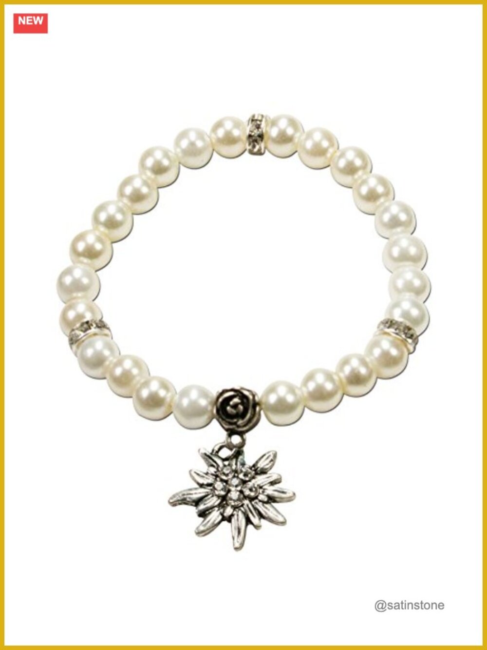 Bavarian Pearl Bracelet with Rhinestone Edelweiss Pendant, Elastic Stretch,